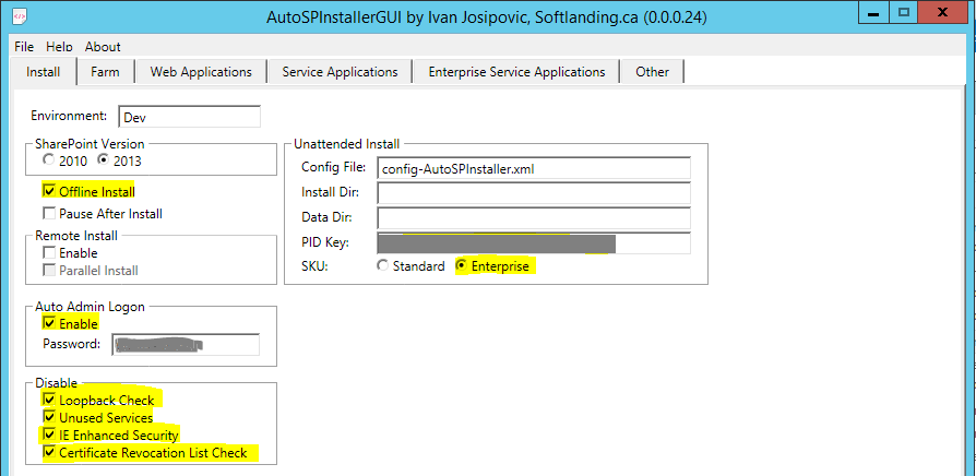 AutoSPInstallerGUI Install Tab