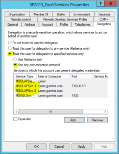 AD SharePoint 2013 kerberos service accounts delegate services