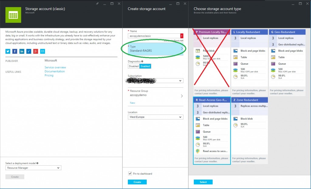 azure create storage account choose type